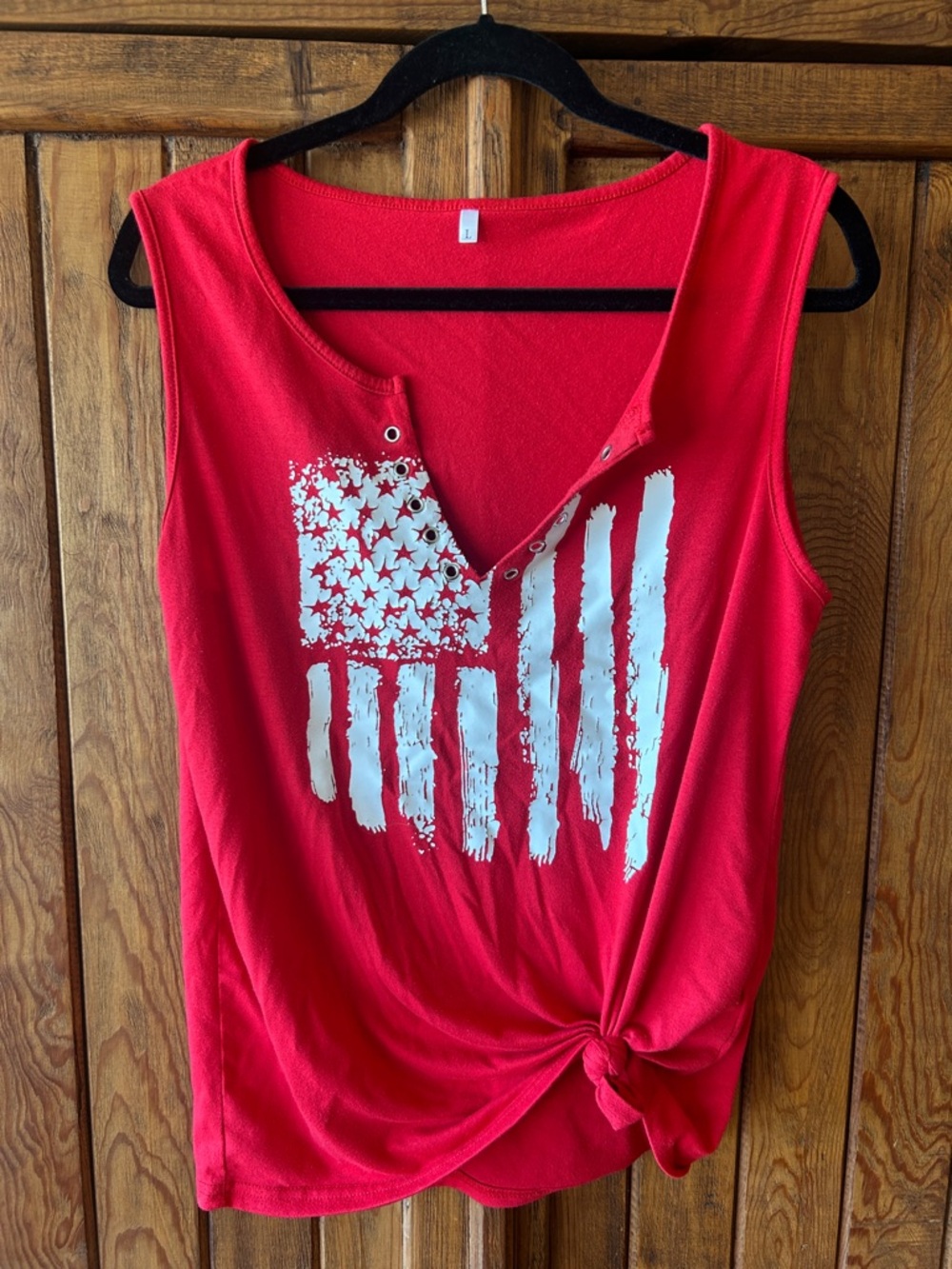 Red Sleeveless Knot Front American Flag Graphic Tank Top. Large